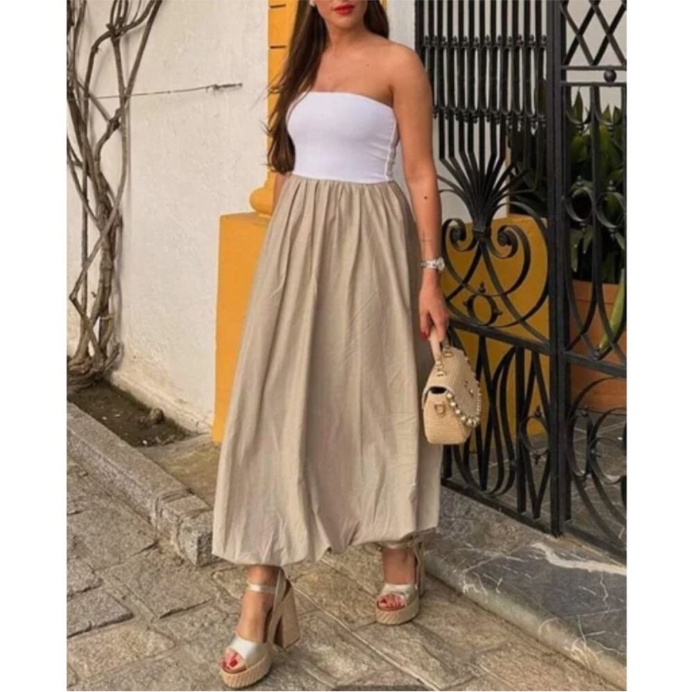 Zara Balloon Midi Dress White Beige Strapless Cotton Poplin Summer Sz S NWT